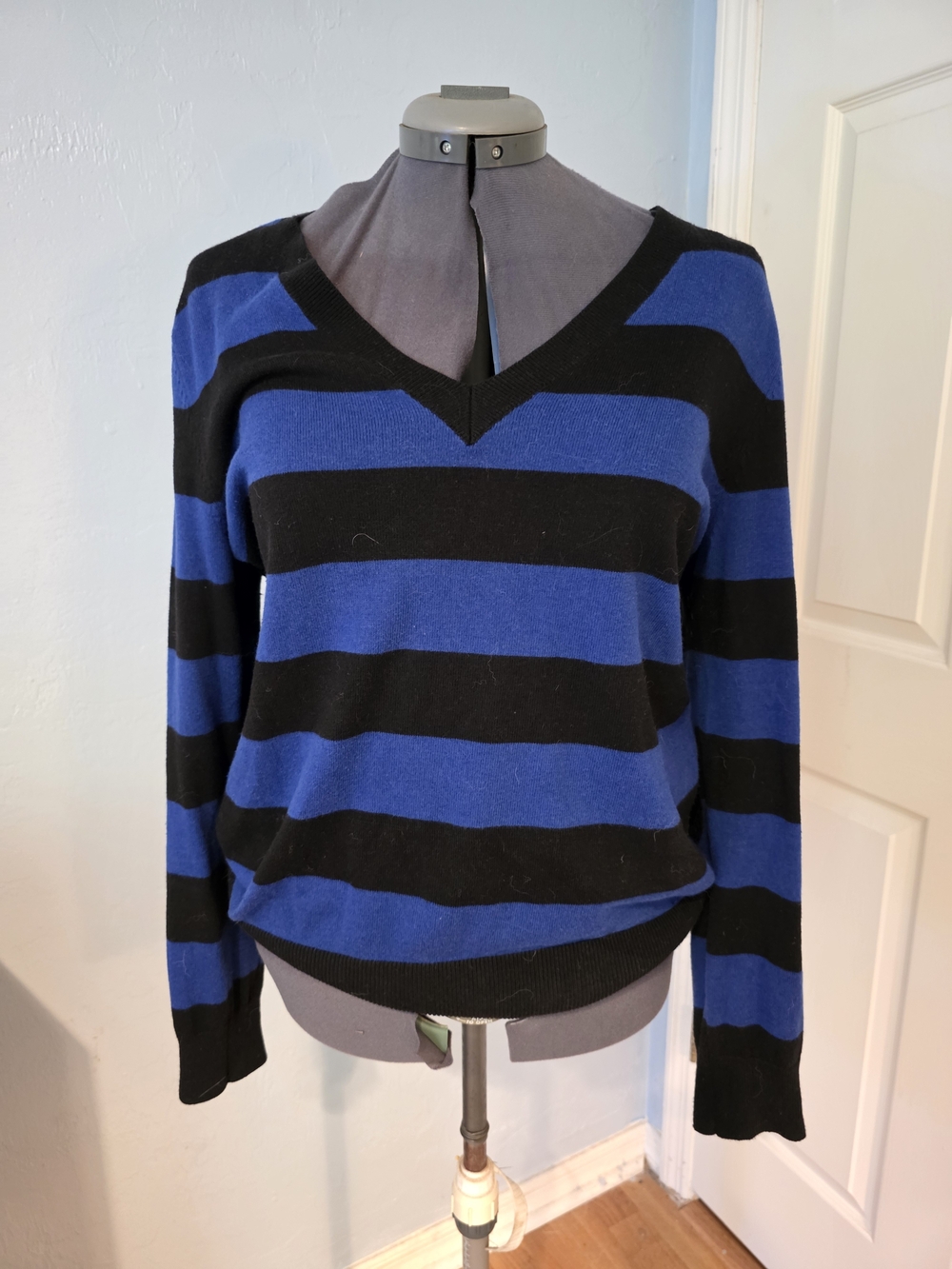 MICHAEL Michael Kors Blue and Black Striped V-Neck Sweater